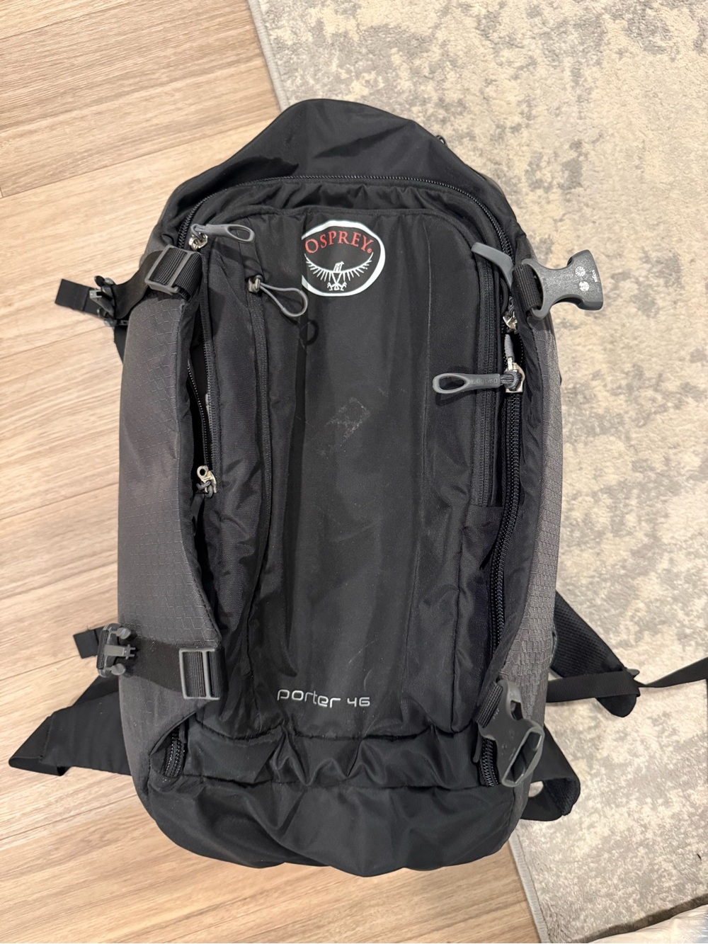 OSPREY Porter 46 Black Travel Backpack with Gray Trim
